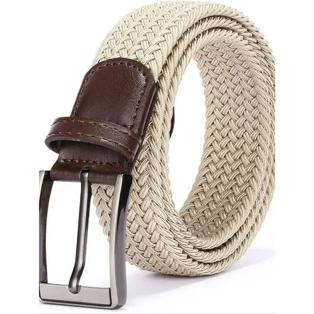 Men's Woven Stretch Belt Beige Tan Brown Leather Trim XL 42-44